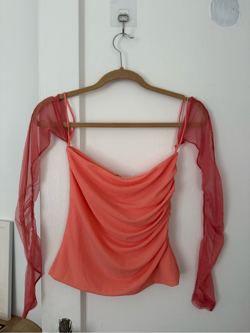 Helmut Lang Women’s Coral Cold-Shoulder Mesh Sleeve Top (Detachable)